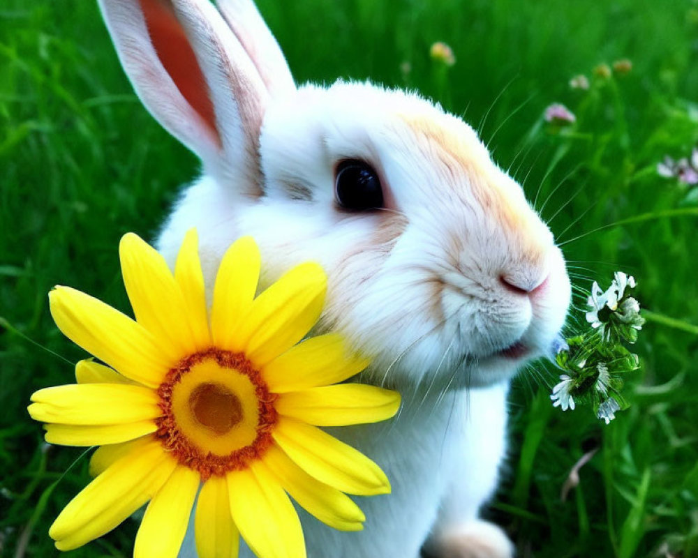 Fluffy White Rabbit in a Green Field with Flowers