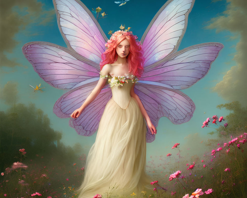 Fantastical figure with purple wings in vibrant wildflower setting