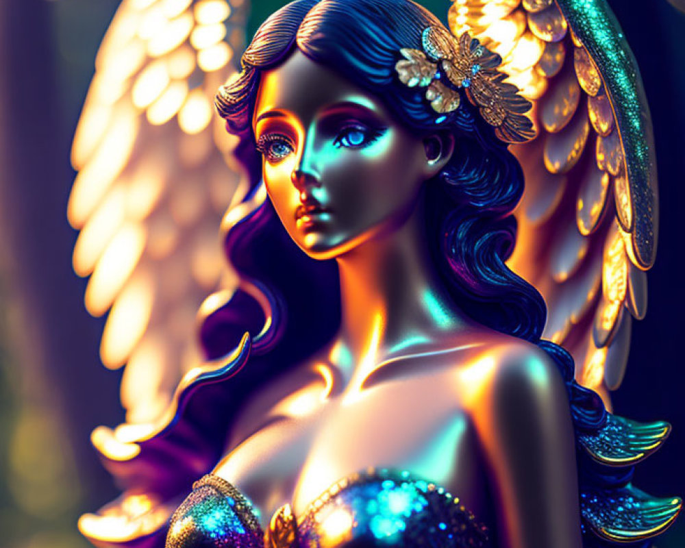 Iridescent angelic figure with floral ornaments in mystical forest