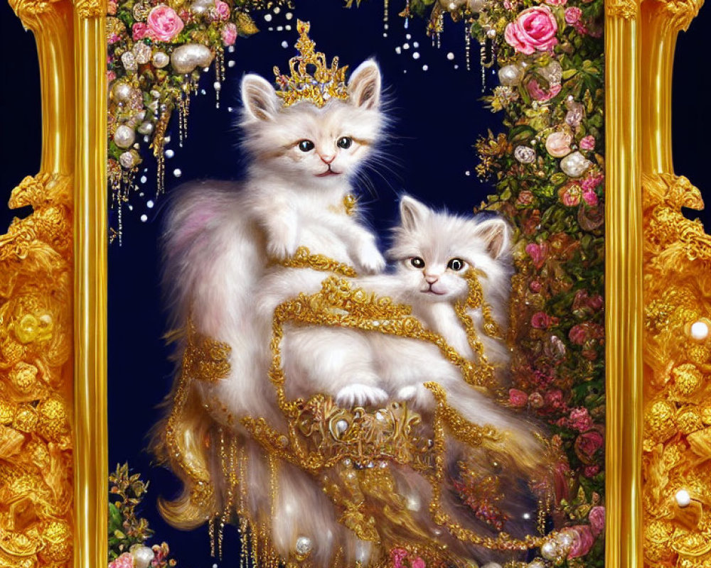 Golden frame with regal white cats, crown, and jewels in luxurious setting