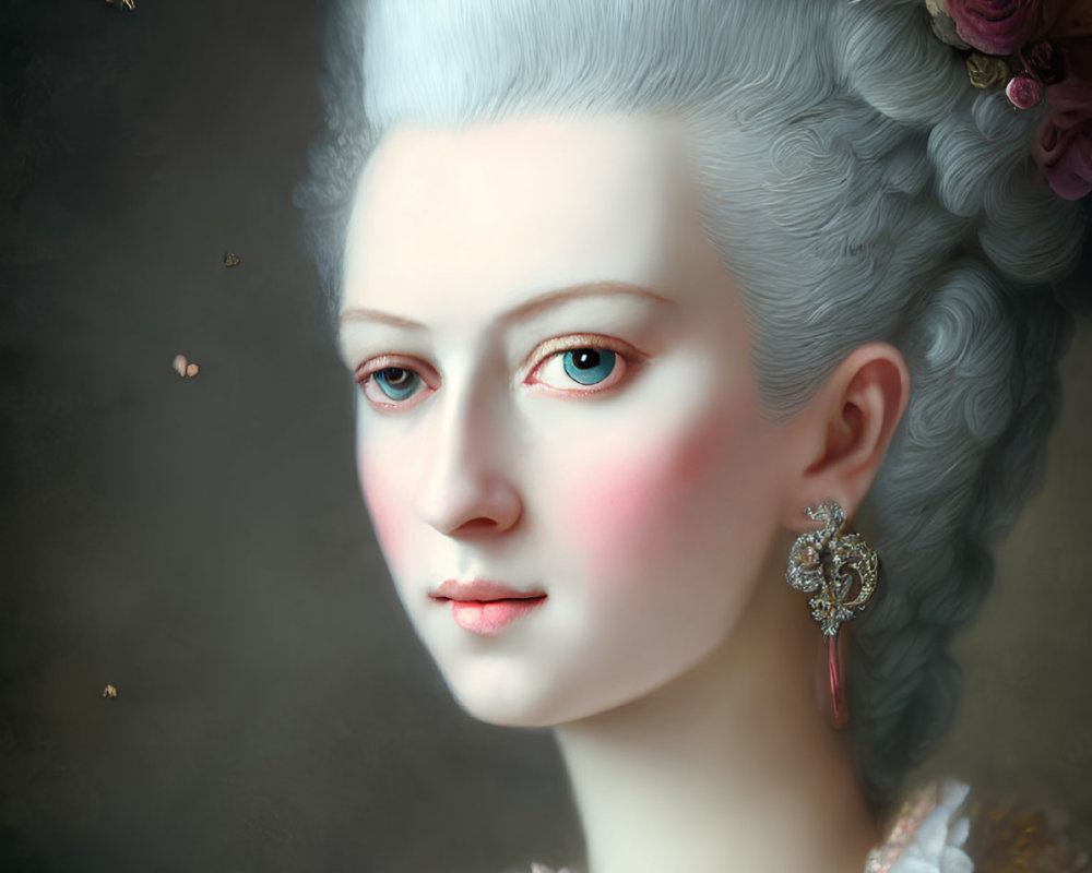 Regal portrait of woman with elaborate hairdo and jeweled crown