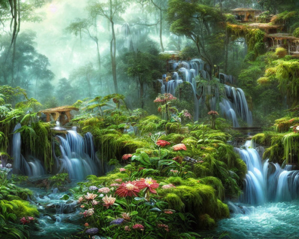 Lush Landscape with Waterfalls, Flora, Rocks, and Wooden Houses