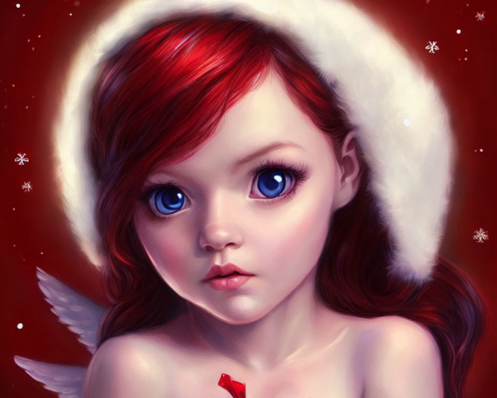 Red-haired angelic girl with white fur halo in snowy scene