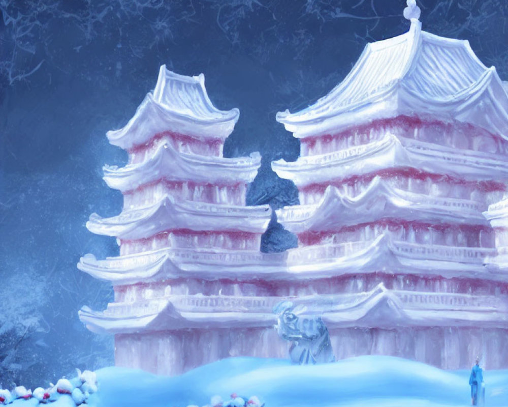 Snow-covered East Asian pagodas in a winter landscape with a person for scale