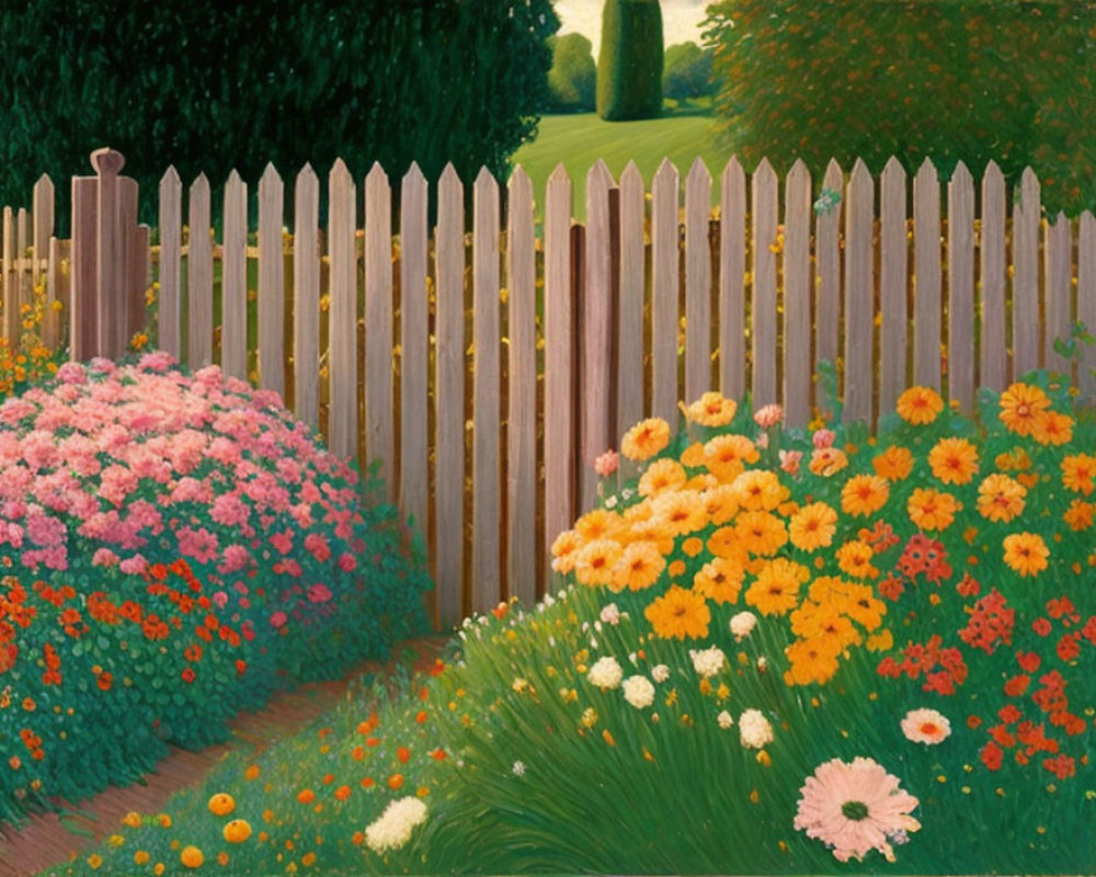 Colorful Garden Scene with Pink and Orange Flowers and Wooden Fence