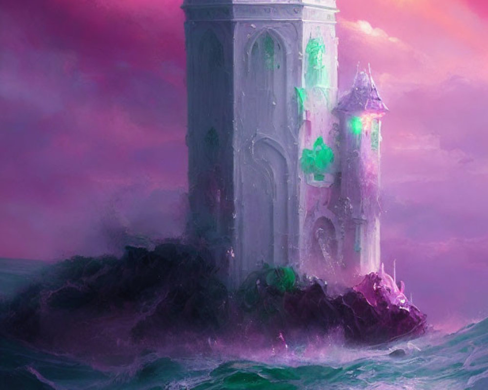 Ethereal painting of ornate tower in purple waves and dramatic sky