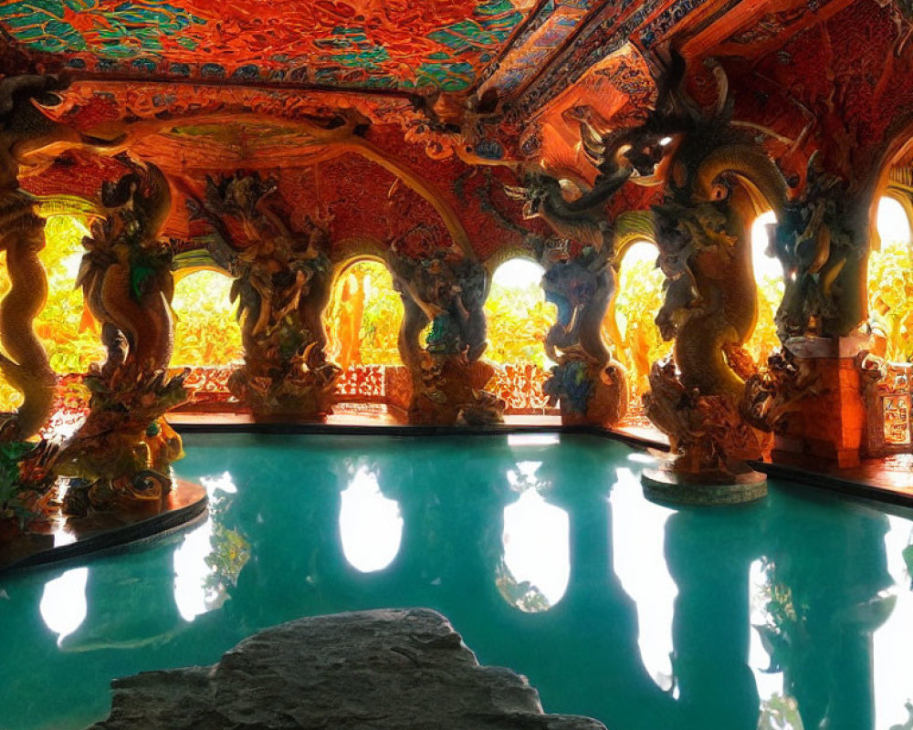 Vibrant Multicolored Ceilings and Golden Sculptures in Ornate Room