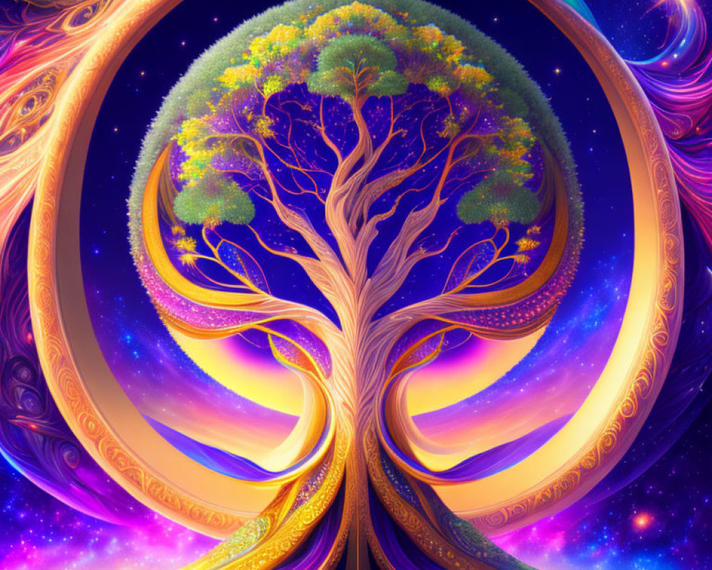 Colorful cosmic tree digital artwork with swirling branches in starry nebula background