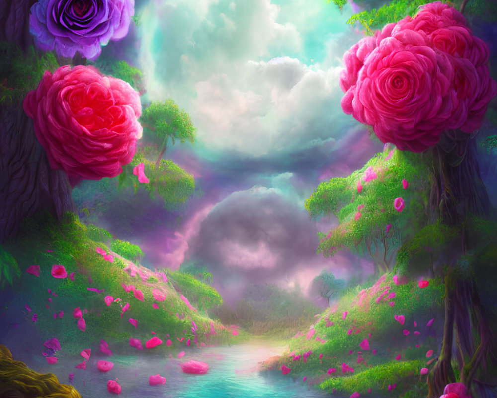 Fantasy landscape with oversized pink and purple roses, blue river, and mystical sky