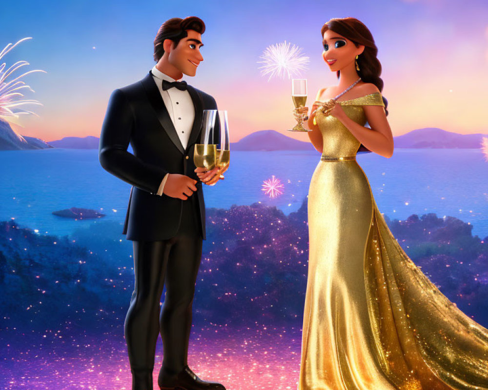 Elegant animated characters toasting with champagne at sunset