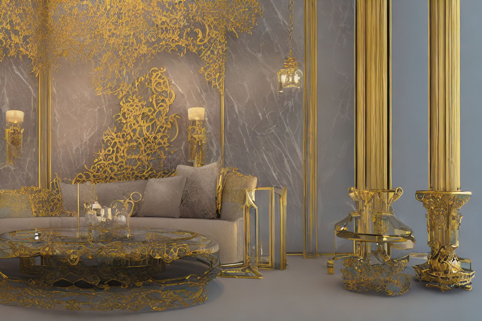 Luxurious room with marble walls, golden filigree, round couch, gold-framed furniture,