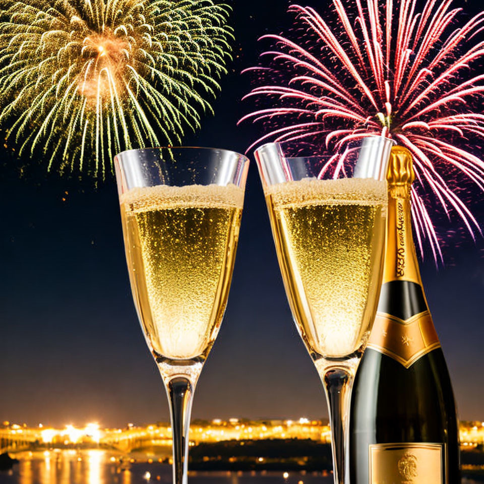 Colorful fireworks over cityscape with champagne glasses and bottle.