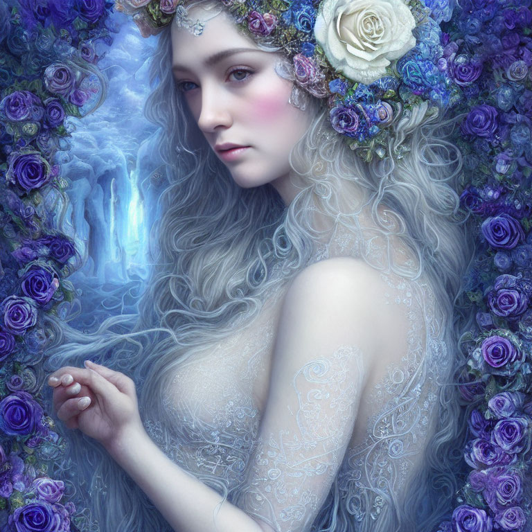 Ethereal woman with floral crown in misty forest setting