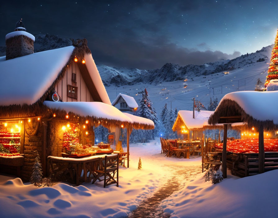 Snowy village with festive lights under starry sky