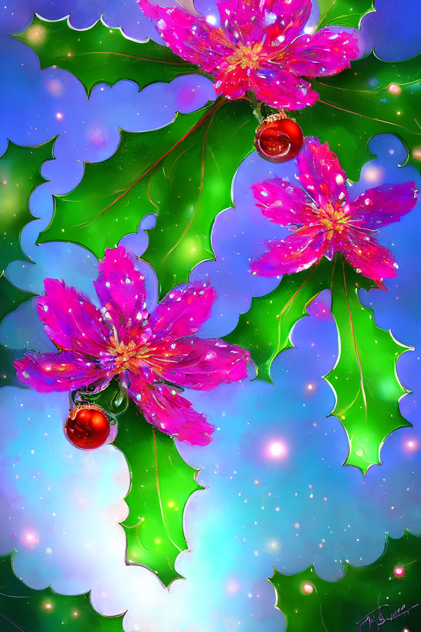 Colorful digital artwork featuring pink flowers, holly leaves, and berries on a festive blue and green