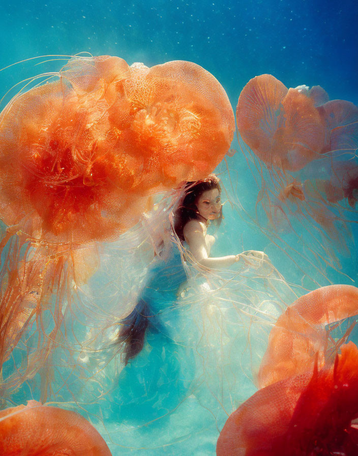 Woman Surrounded by Vibrant Orange Jellyfish Underwater