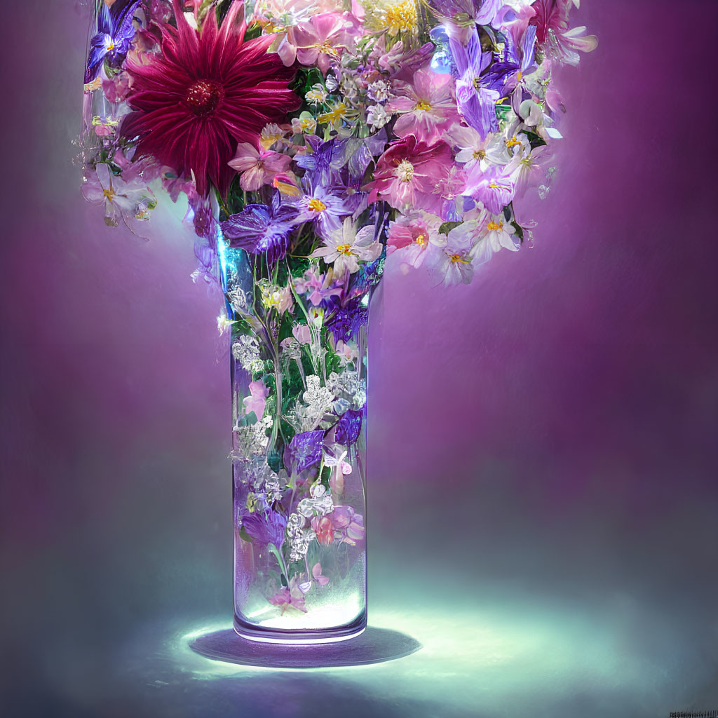 Assorted Flowers in Clear Vase on Purple-Pink Background