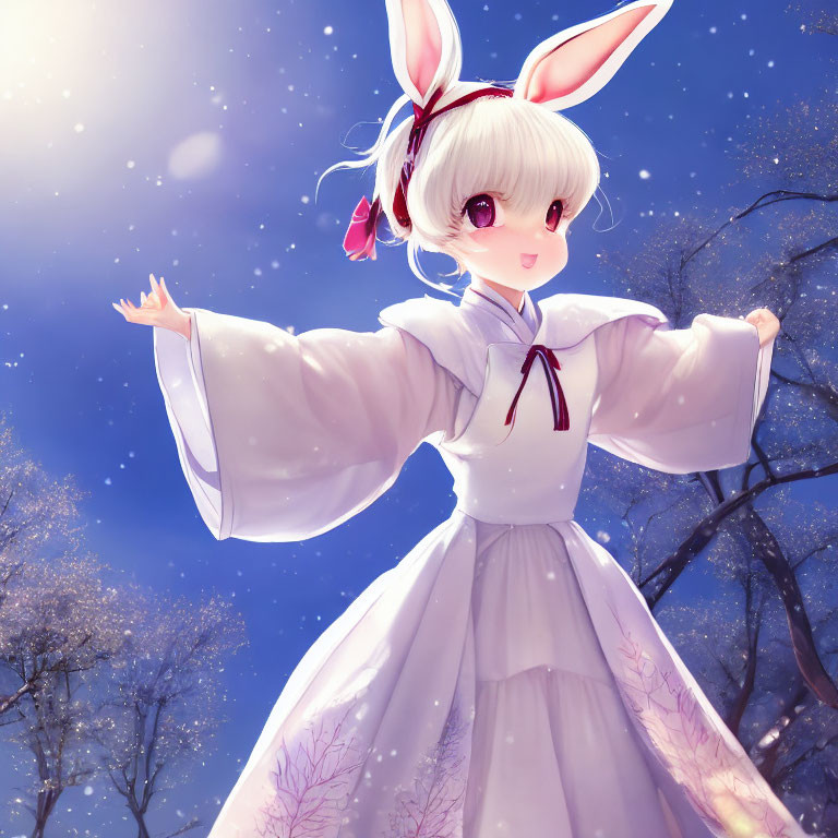 Animated character in white traditional outfit under starry night sky