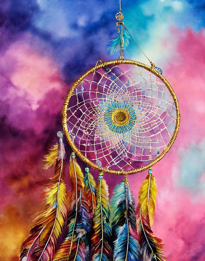 Colorful Dreamcatcher with Intricate Webbing and Vibrant Feathers on Watercolor Background