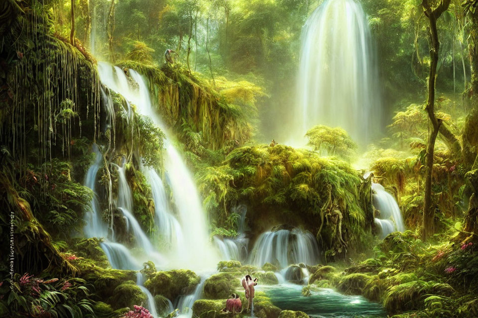 Majestic waterfall in lush green forest with serene pool