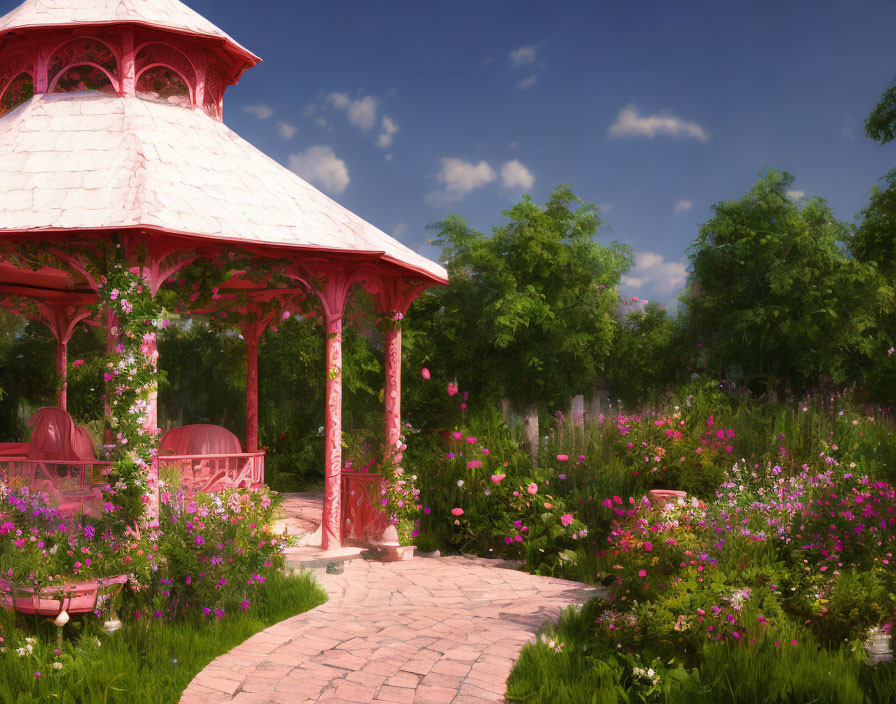 Tranquil garden scene with pink gazebo, lush greenery, and vibrant flowers