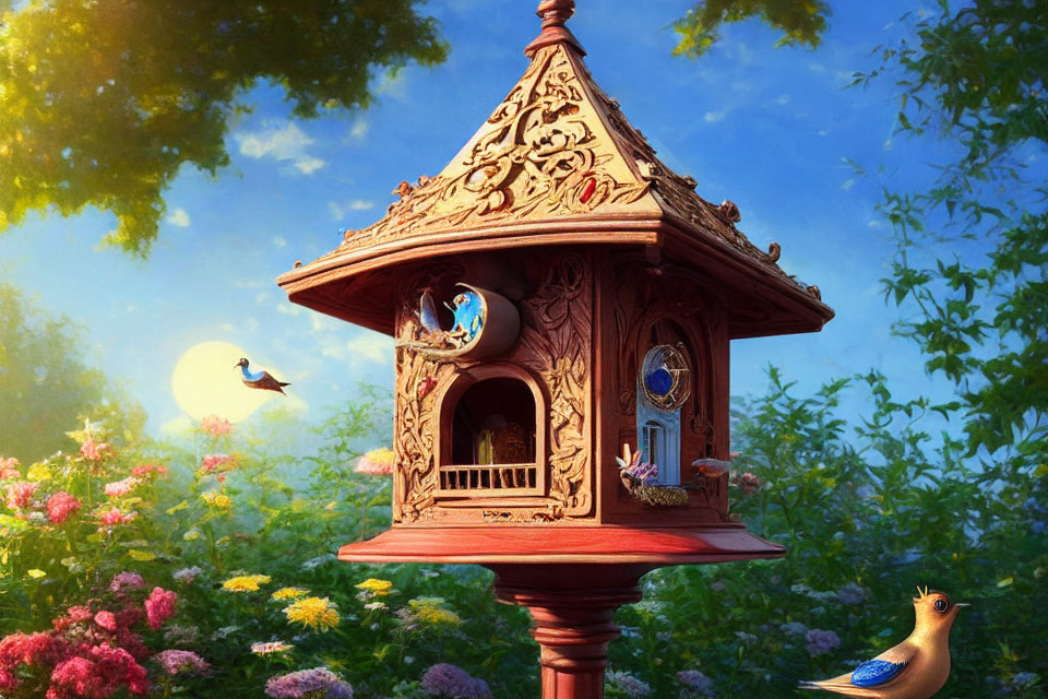 Colorful Garden Birdhouse with Blooming Flowers and Birds under Blue Sky