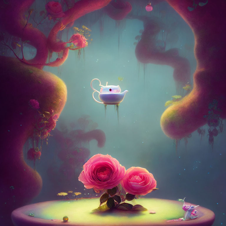 Whimsical floating teapot and pink roses in misty setting