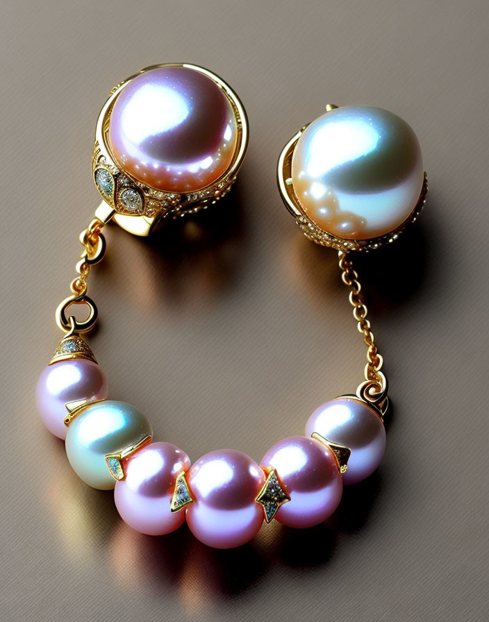 Pearl Bracelet and Earrings Set: Gold Accents, Diamond Details