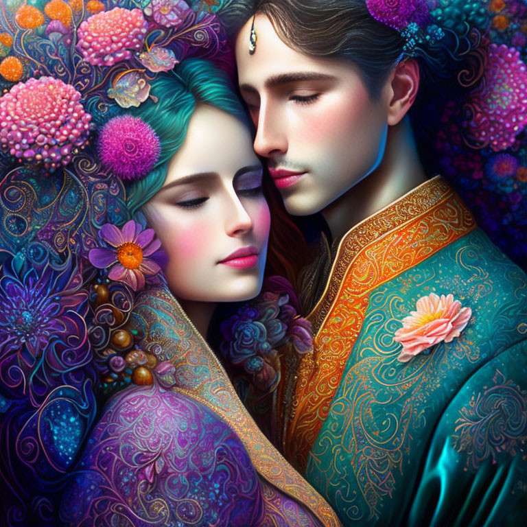 Colorful digital artwork of man and woman in intimate embrace with floral motifs