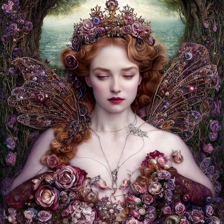 Red-haired woman with fairy wings and ornate headdress in fantasy setting.