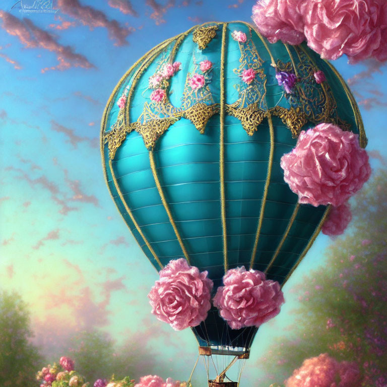 Teal and Gold Hot Air Balloon with Pink Roses in Sky