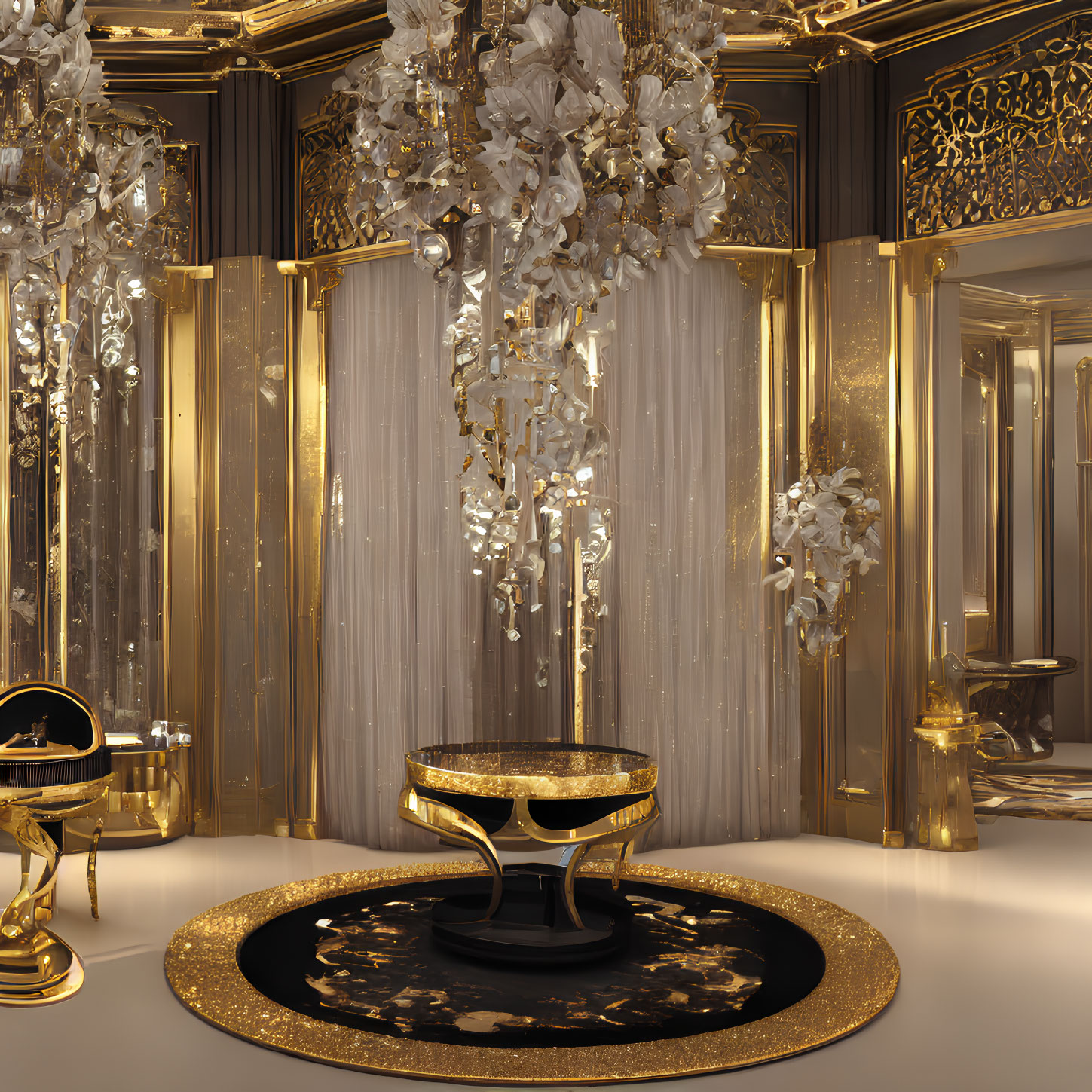 Luxurious Bathroom with Gold Accents and Crystal Chandelier