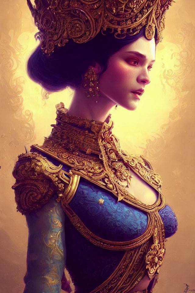 Regal woman in golden crown and armor on warm backdrop