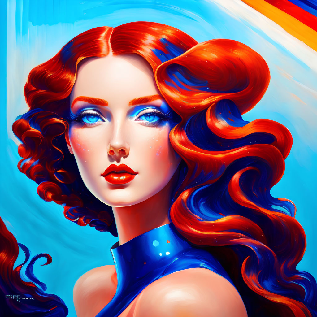 Vibrant red-haired woman in blue outfit against colorful abstract backdrop