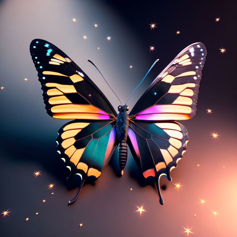 Colorful Butterfly with Black and Yellow Wings on Dark Background