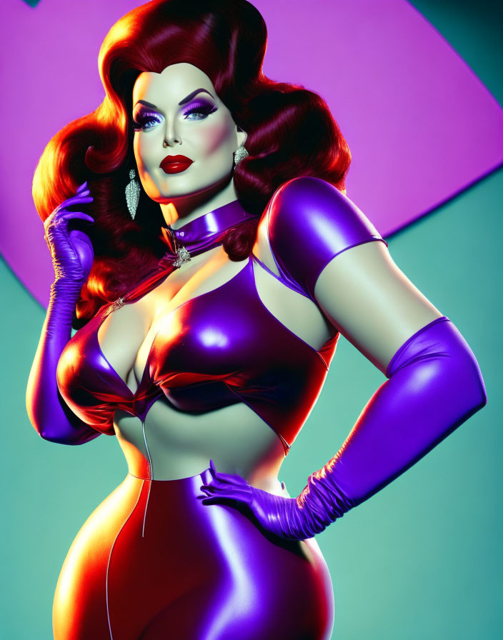 Voluminous red hair woman in shiny purple bodysuit on tri-color background