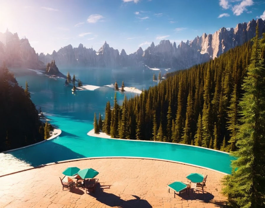 Emerald Lake Surrounded by Forest, Mountains, and Patio