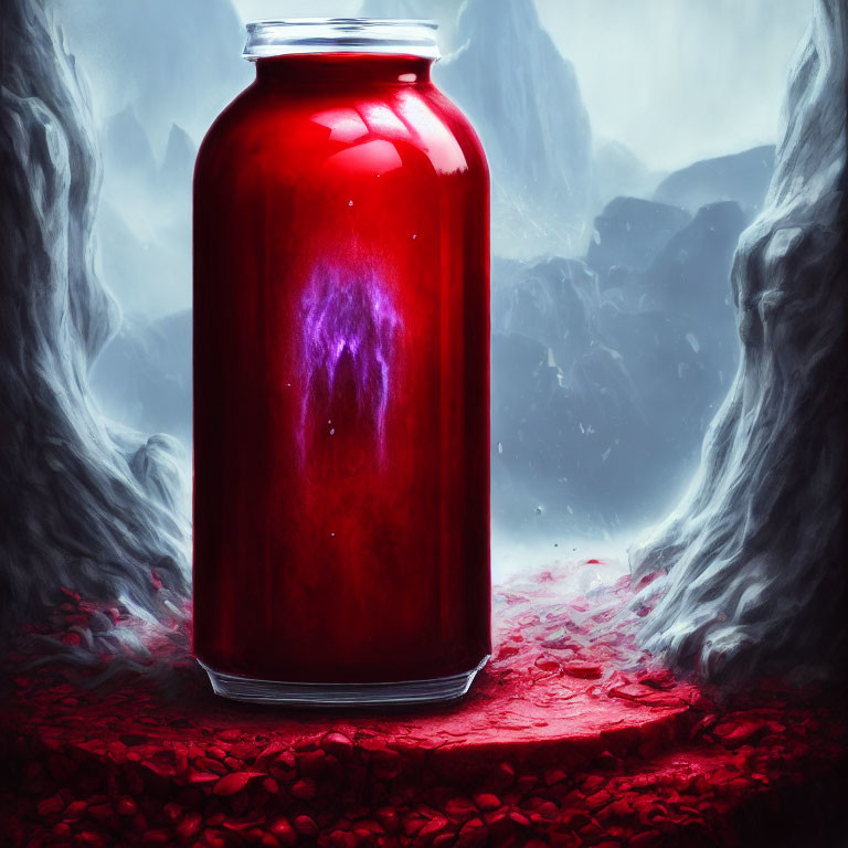 Red Glowing Jar in Mystical Icy Landscape with Purple Haze