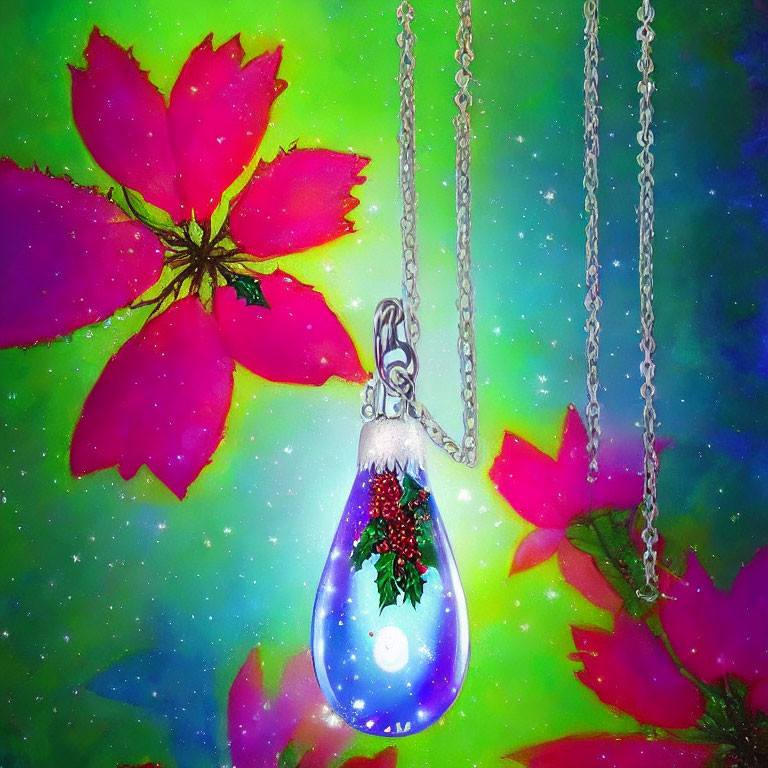 Colorful Holly Motif Pendant in Teardrop Glass with Starry Background and Pink Flowers