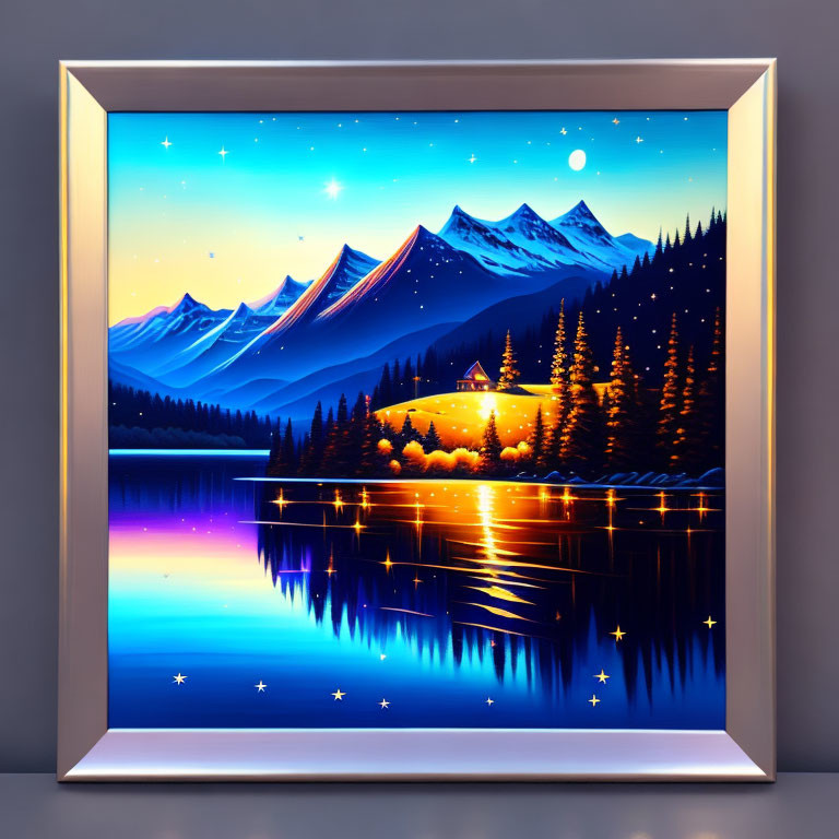 Mountainous Landscape Painting: Night Scene with Lake, Starry Sky, and Cottage