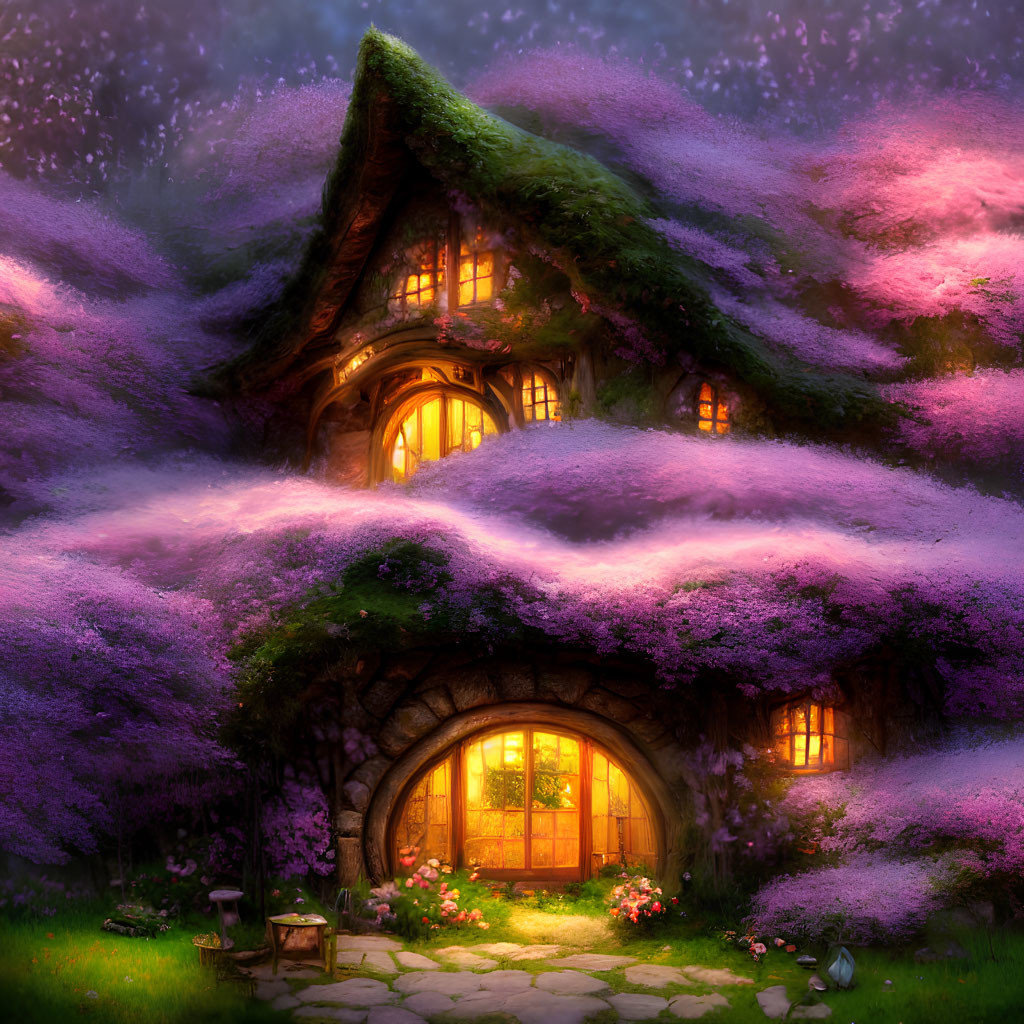 Enchanting cottage under blooming purple trees at twilight