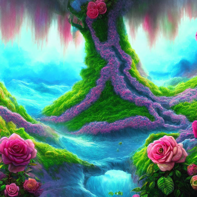 Colorful Fantasy Landscape with Greenery, Pink Trees, Roses, and Blue Stream