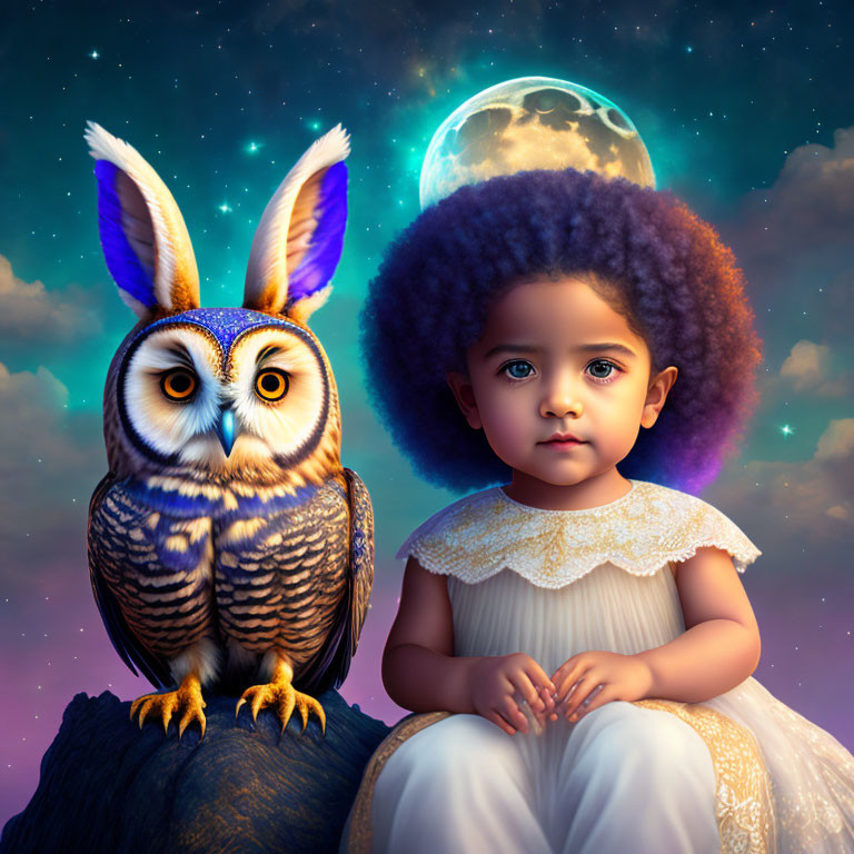 Child with Purple Afro and Colorful-Eared Owl Scene