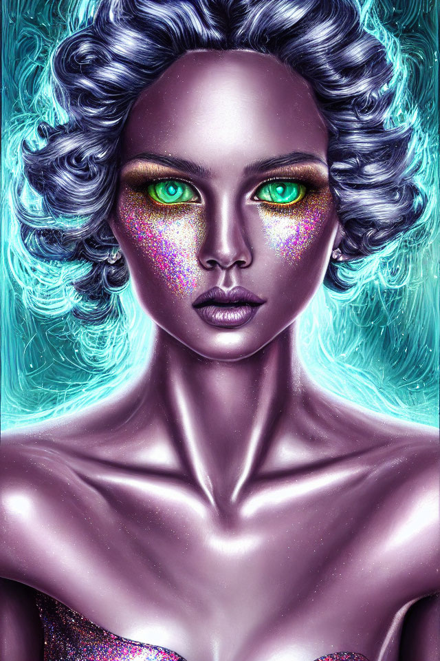 Vibrant digital portrait of a woman with turquoise skin and curly hair