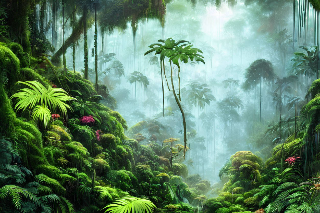 Lush Green Rainforest with Dense Vegetation and Towering Trees