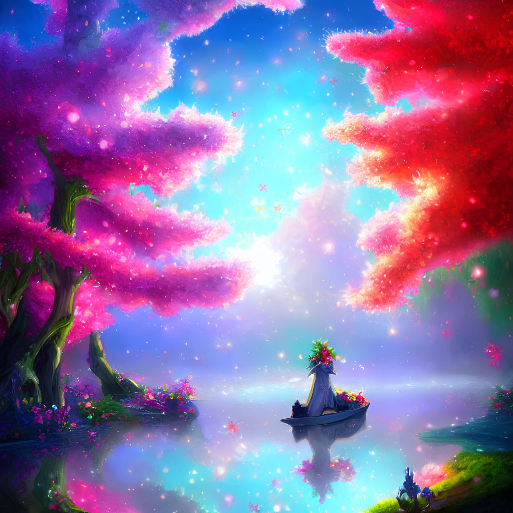 Colorful Fantasy Landscape with Trees, Boat, and Flowers