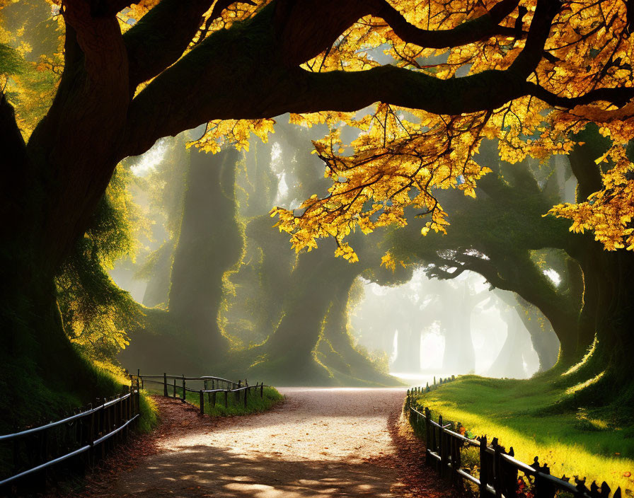 Tranquil Forest Scene with Autumn Leaves and Mist