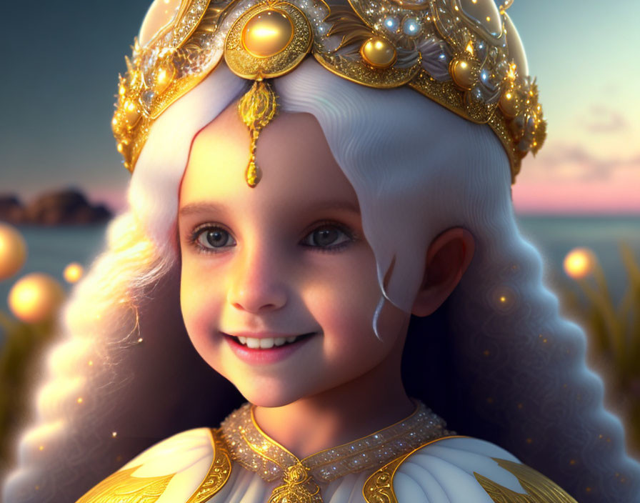 Detailed 3D illustration of young girl in golden crown and white dress by ocean