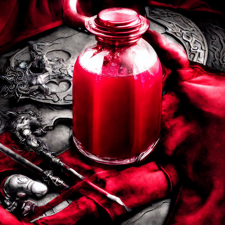 Red Potion in Glass Bottle on Fantasy Armor and Weapons Cloth