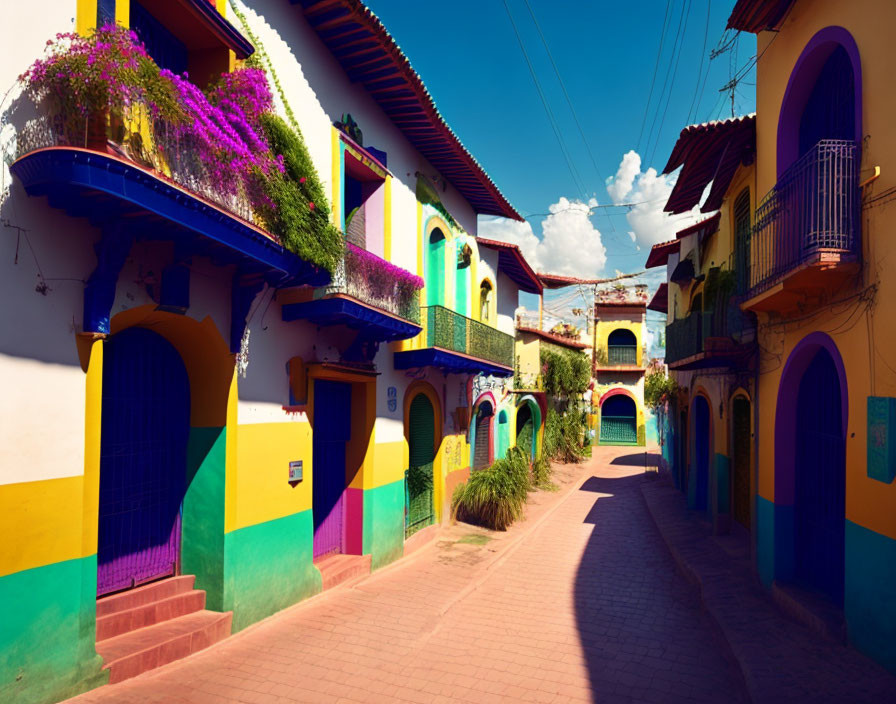 Colorful Street Scene: Vibrant Houses & Purple Flowers Under Blue Sky